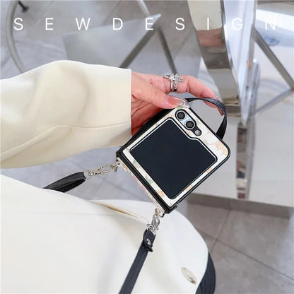 For Samsung Galaxy Z Flip5 5G Case Lacquered Cartoon Pattern Leather+PC Phone Cover with 2 Straps