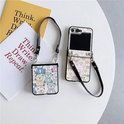 For Samsung Galaxy Z Flip5 5G Case Lacquered Cartoon Pattern Leather+PC Phone Cover with 2 Straps
