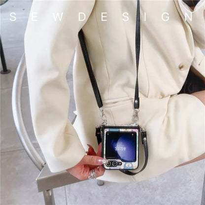 For Samsung Galaxy Z Flip5 5G Case Lacquered Cartoon Pattern Leather+PC Phone Cover with 2 Straps