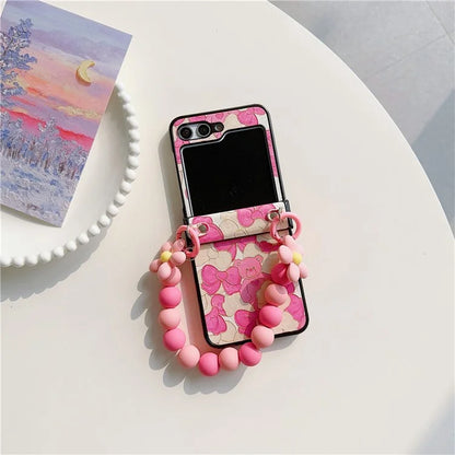 For Samsung Galaxy Z Flip5 5G Case Hinge Design Lacquered Pattern PU Leather+PC Phone Cover with Bead Chain