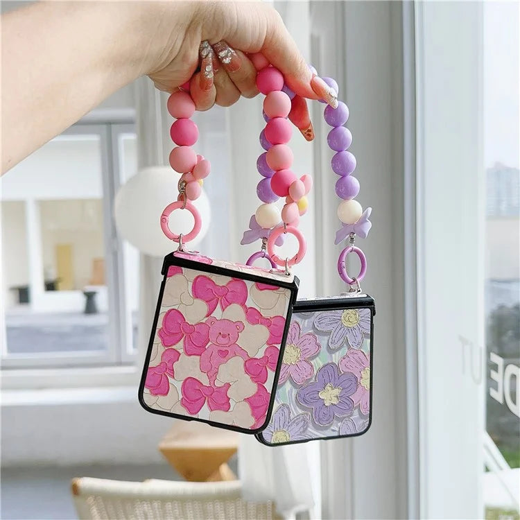 For Samsung Galaxy Z Flip5 5G Case Hinge Design Lacquered Pattern PU Leather+PC Phone Cover with Bead Chain