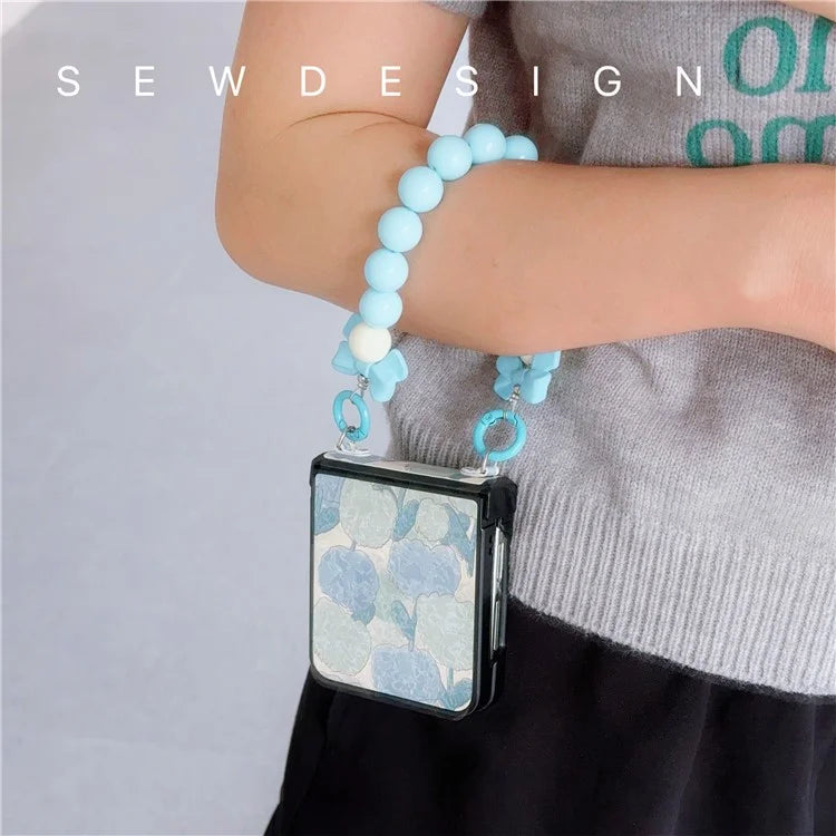 For Samsung Galaxy Z Flip5 5G Case Hinge Design Lacquered Pattern PU Leather+PC Phone Cover with Bead Chain