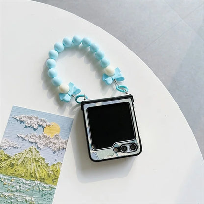 For Samsung Galaxy Z Flip5 5G Case Hinge Design Lacquered Pattern PU Leather+PC Phone Cover with Bead Chain