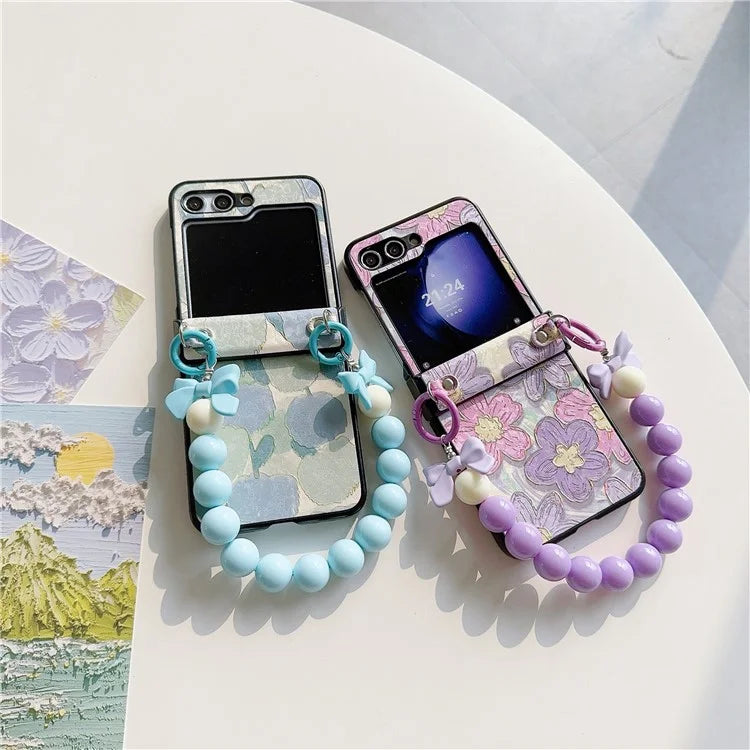 For Samsung Galaxy Z Flip5 5G Case Hinge Design Lacquered Pattern PU Leather+PC Phone Cover with Bead Chain