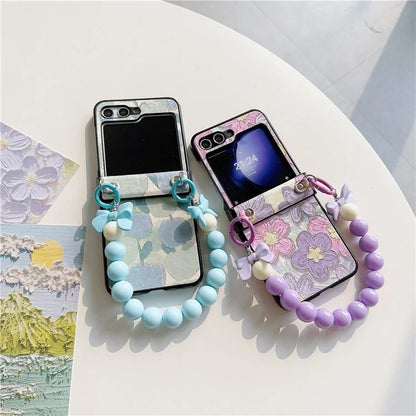 For Samsung Galaxy Z Flip5 5G Case Hinge Design Lacquered Pattern PU Leather+PC Phone Cover with Bead Chain