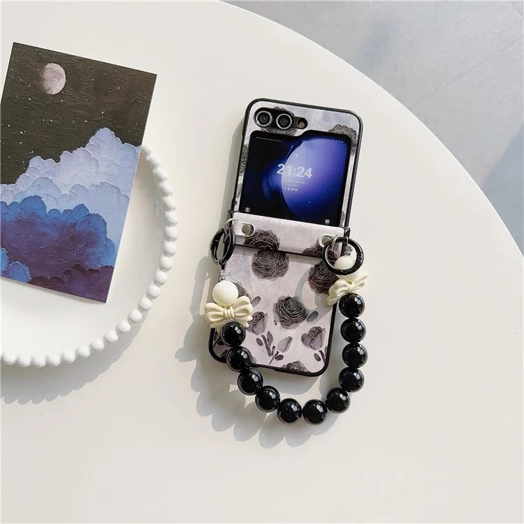 For Samsung Galaxy Z Flip5 5G Case Hinge Design Lacquered Pattern PU Leather+PC Phone Cover with Bead Chain