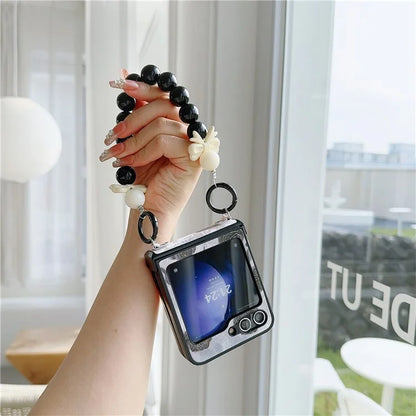 For Samsung Galaxy Z Flip5 5G Case Hinge Design Lacquered Pattern PU Leather+PC Phone Cover with Bead Chain