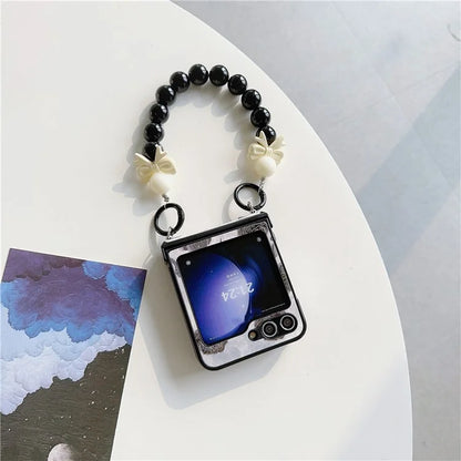 For Samsung Galaxy Z Flip5 5G Case Hinge Design Lacquered Pattern PU Leather+PC Phone Cover with Bead Chain