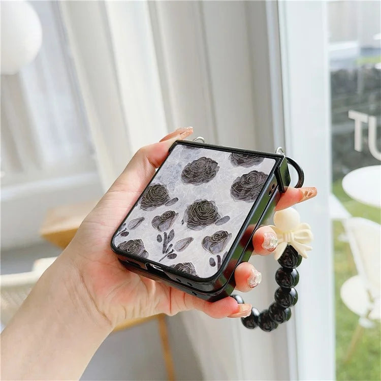 For Samsung Galaxy Z Flip5 5G Case Hinge Design Lacquered Pattern PU Leather+PC Phone Cover with Bead Chain