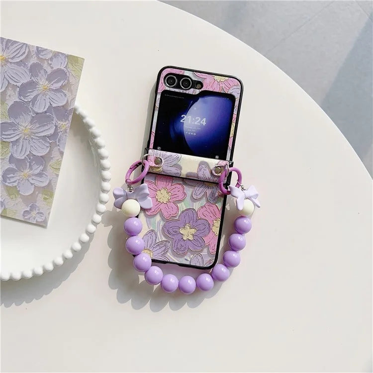 For Samsung Galaxy Z Flip5 5G Case Hinge Design Lacquered Pattern PU Leather+PC Phone Cover with Bead Chain