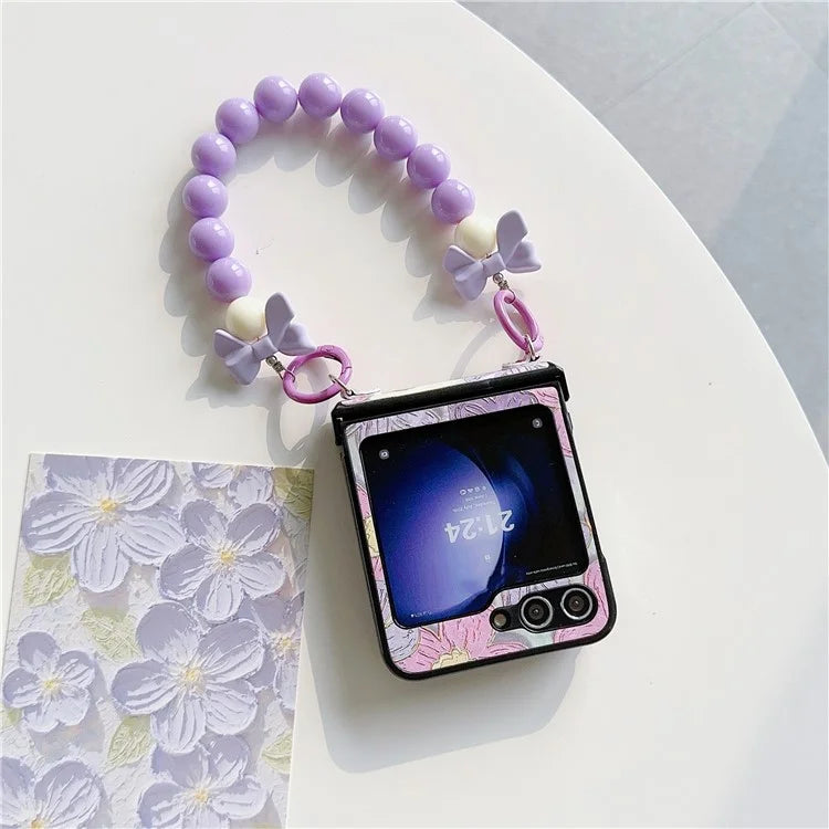 For Samsung Galaxy Z Flip5 5G Case Hinge Design Lacquered Pattern PU Leather+PC Phone Cover with Bead Chain