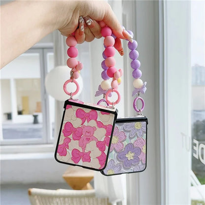For Samsung Galaxy Z Flip5 5G Case Hinge Design Lacquered Pattern PU Leather+PC Phone Cover with Bead Chain