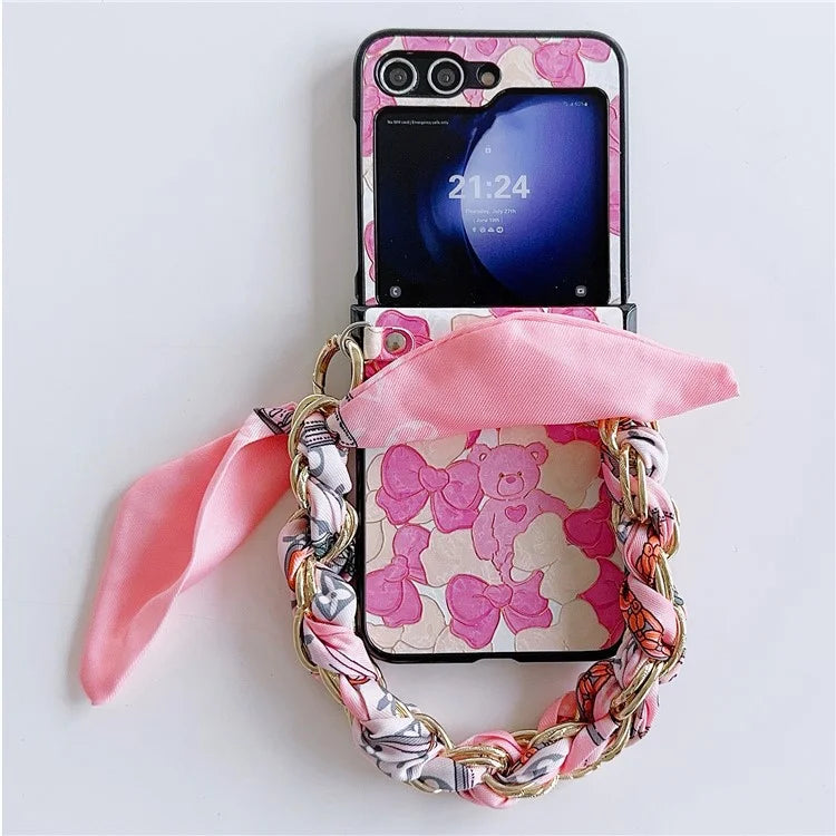 For Samsung Galaxy Z Flip5 5G Cell Phone Cases Lacquered Pattern PU Leather+PC Cover with Silk Scarf Chain
