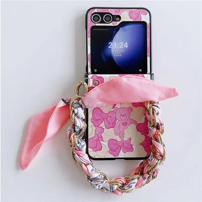 For Samsung Galaxy Z Flip5 5G Cell Phone Cases Lacquered Pattern PU Leather+PC Cover with Silk Scarf Chain