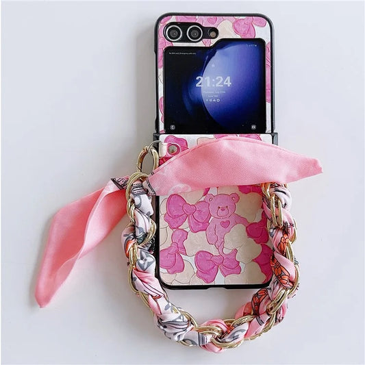 For Samsung Galaxy Z Flip5 5G Cell Phone Cases Lacquered Pattern PU Leather+PC Cover with Silk Scarf Chain