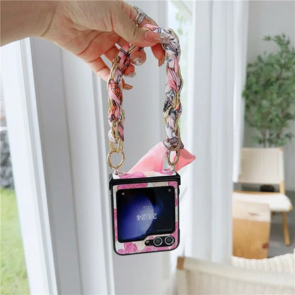 For Samsung Galaxy Z Flip5 5G Cell Phone Cases Lacquered Pattern PU Leather+PC Cover with Silk Scarf Chain