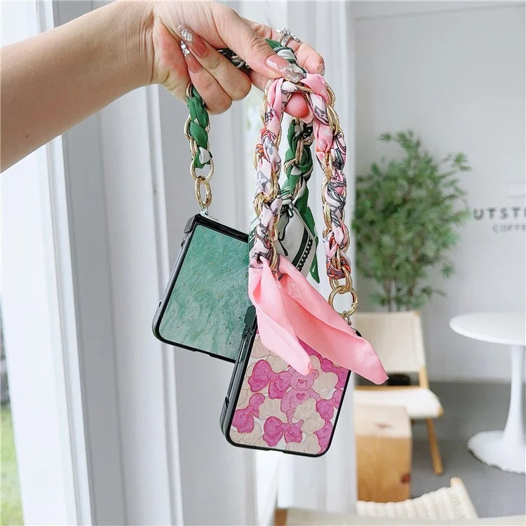 For Samsung Galaxy Z Flip5 5G Cell Phone Cases Lacquered Pattern PU Leather+PC Cover with Silk Scarf Chain