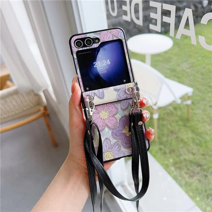 For Samsung Galaxy Z Flip5 5G Case Flower Lacquered PU Leather+PC Phone Cover with 2 Straps