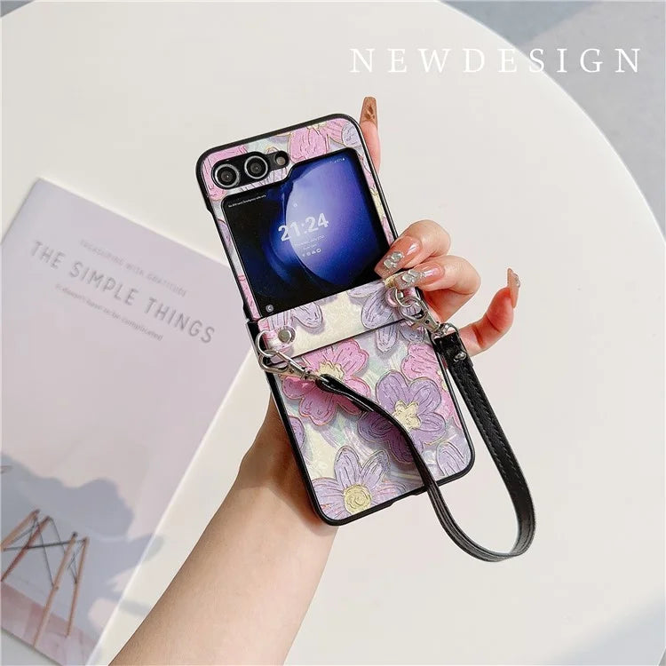 For Samsung Galaxy Z Flip5 5G Case Flower Lacquered PU Leather+PC Phone Cover with 2 Straps