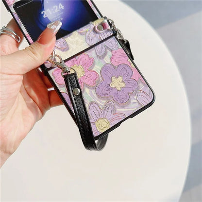 For Samsung Galaxy Z Flip5 5G Case Flower Lacquered PU Leather+PC Phone Cover with 2 Straps