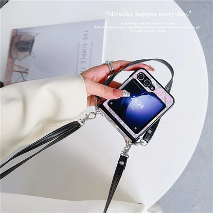 For Samsung Galaxy Z Flip5 5G Case Flower Lacquered PU Leather+PC Phone Cover with 2 Straps