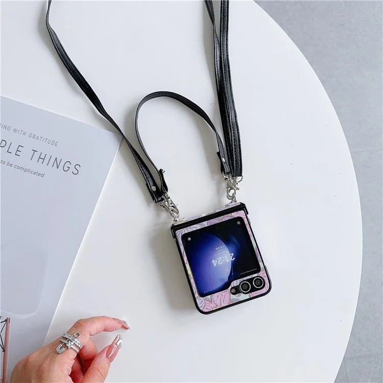 For Samsung Galaxy Z Flip5 5G Case Flower Lacquered PU Leather+PC Phone Cover with 2 Straps