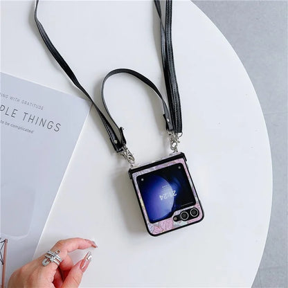 For Samsung Galaxy Z Flip5 5G Case Flower Lacquered PU Leather+PC Phone Cover with 2 Straps