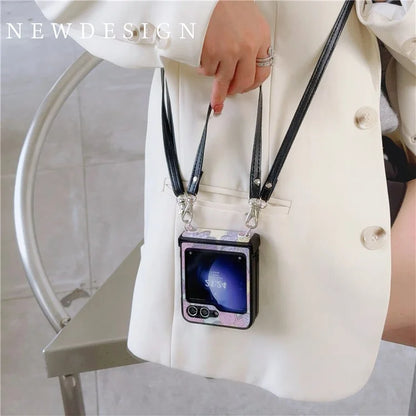 For Samsung Galaxy Z Flip5 5G Case Flower Lacquered PU Leather+PC Phone Cover with 2 Straps