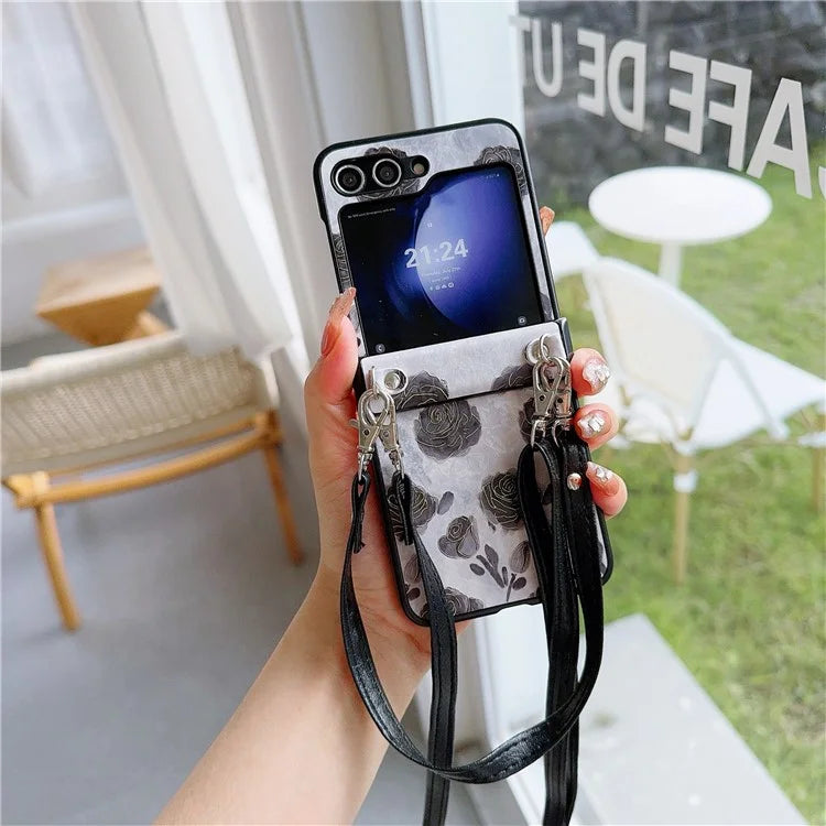 For Samsung Galaxy Z Flip5 5G Case Retro Flower Lacquered PU Leather+PC Phone Cover with 2 Straps