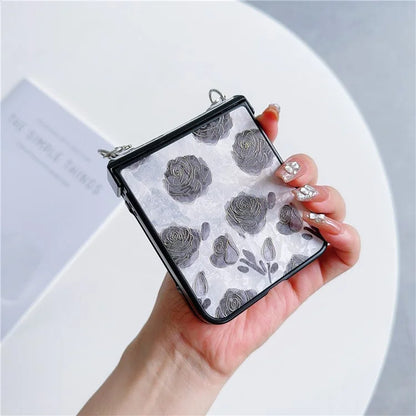 For Samsung Galaxy Z Flip5 5G Case Retro Flower Lacquered PU Leather+PC Phone Cover with 2 Straps