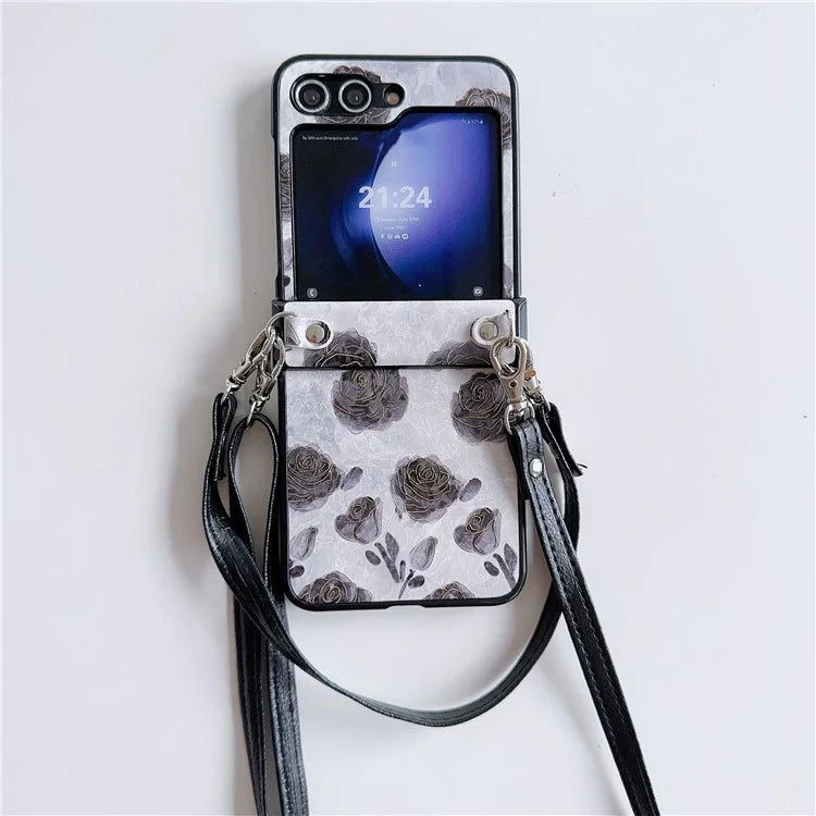 For Samsung Galaxy Z Flip5 5G Case Retro Flower Lacquered PU Leather+PC Phone Cover with 2 Straps