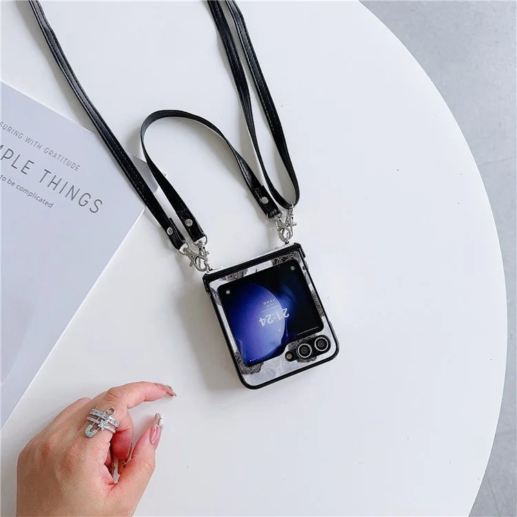 For Samsung Galaxy Z Flip5 5G Case Retro Flower Lacquered PU Leather+PC Phone Cover with 2 Straps