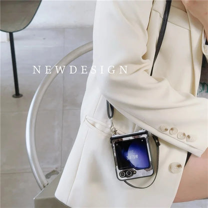 For Samsung Galaxy Z Flip5 5G Case Retro Flower Lacquered PU Leather+PC Phone Cover with 2 Straps