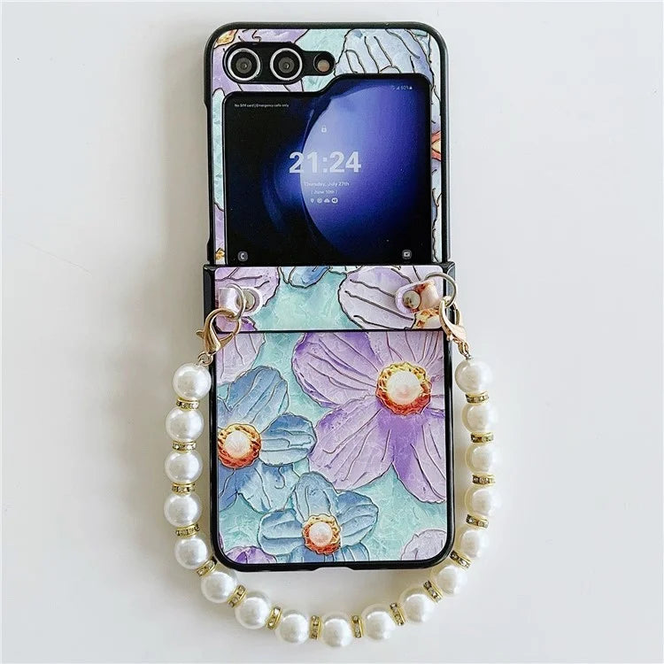 For Samsung Galaxy Z Flip5 5G Hinge Design Lacquered Flower Pattern PU Leather+PC Case with Pearl Chain