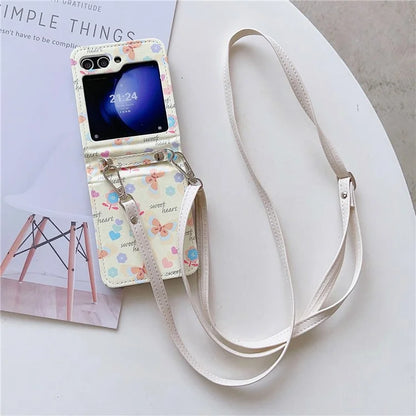 For Samsung Galaxy Z Flip5 5G Folding Phone Case Butterfly Pattern Leather+PC Cover with Crossbody Strap