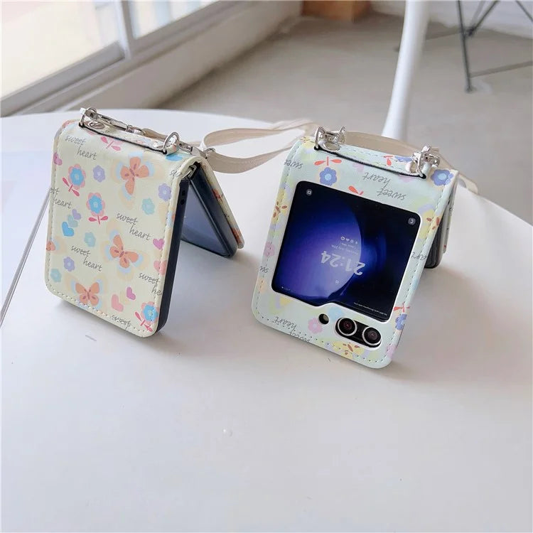For Samsung Galaxy Z Flip5 5G Folding Phone Case Butterfly Pattern Leather+PC Cover with Crossbody Strap