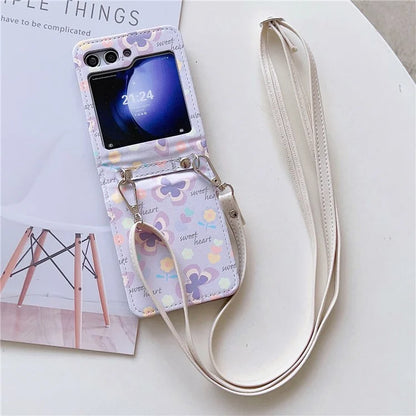 For Samsung Galaxy Z Flip5 5G Folding Phone Case Butterfly Pattern Leather+PC Cover with Crossbody Strap