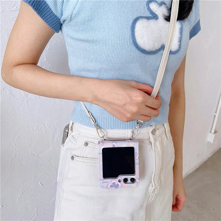For Samsung Galaxy Z Flip5 5G Folding Phone Case Butterfly Pattern Leather+PC Cover with Crossbody Strap