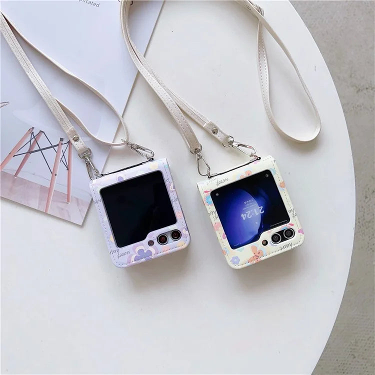 For Samsung Galaxy Z Flip5 5G Folding Phone Case Butterfly Pattern Leather+PC Cover with Crossbody Strap