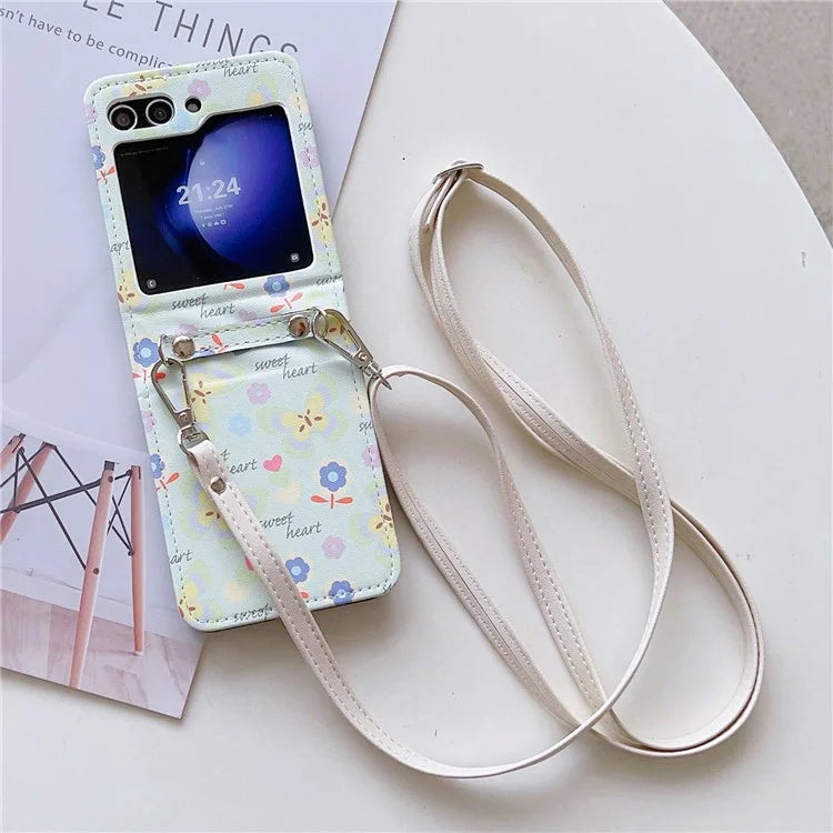 For Samsung Galaxy Z Flip5 5G Folding Phone Case Butterfly Pattern Leather+PC Cover with Crossbody Strap