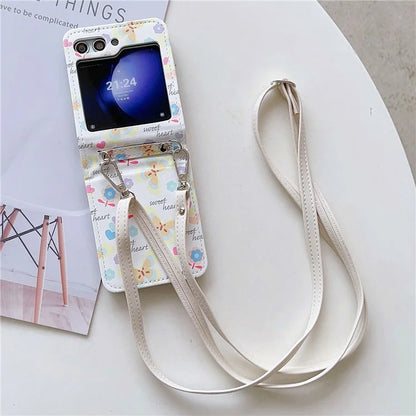 For Samsung Galaxy Z Flip5 5G Folding Phone Case Butterfly Pattern Leather+PC Cover with Crossbody Strap