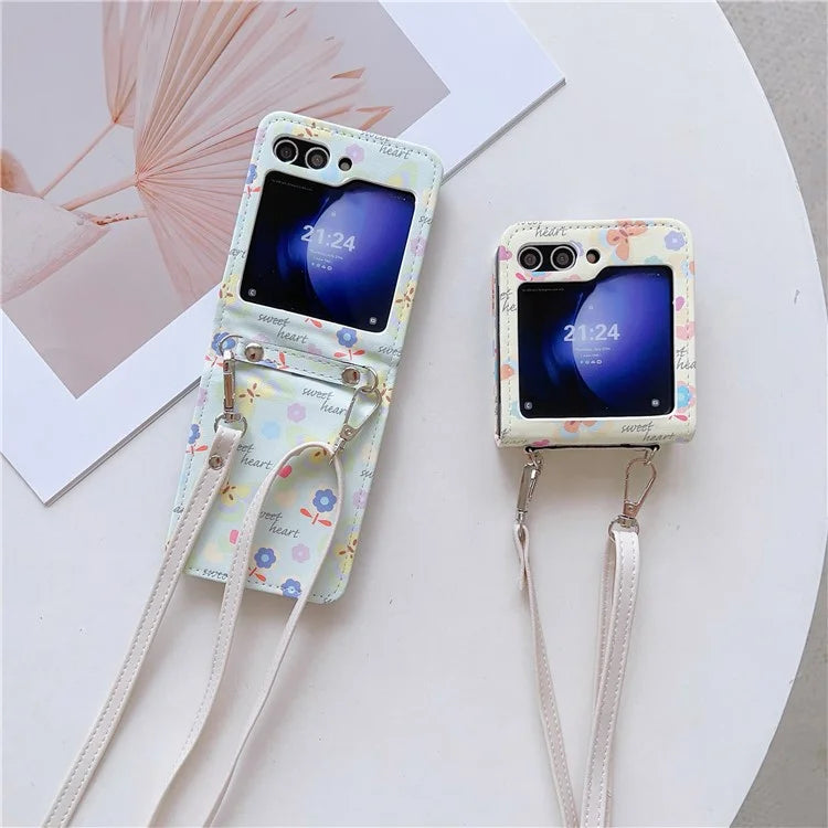 For Samsung Galaxy Z Flip5 5G Folding Phone Case Butterfly Pattern Leather+PC Cover with Crossbody Strap