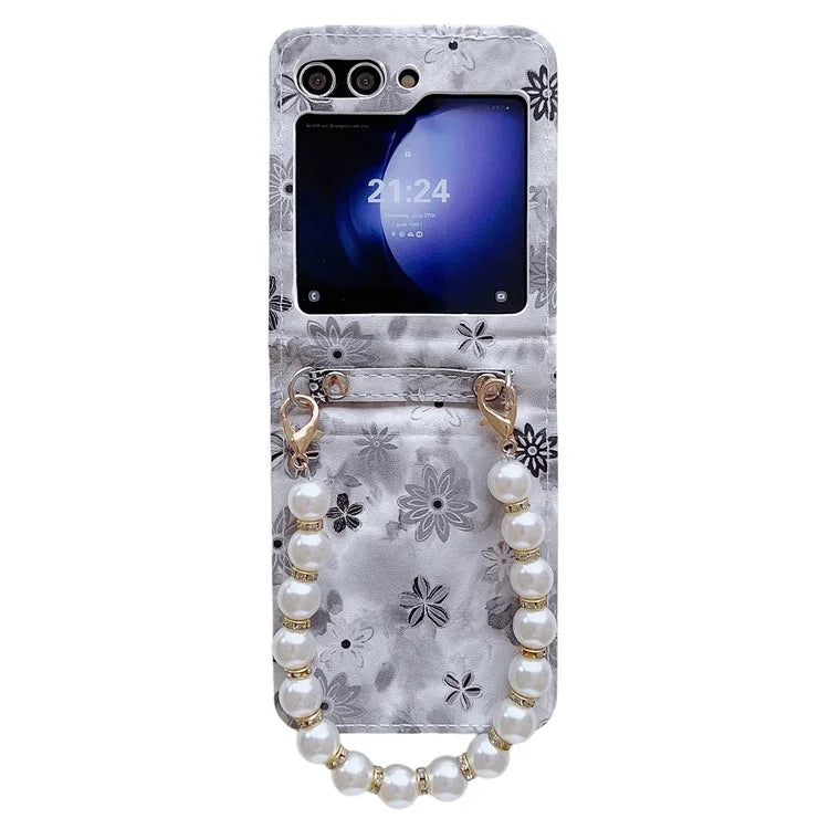 For Samsung Galaxy Z Flip5 5G Cell Phone Case Flower / Butterfly Pattern PU+PC Cover with Pearl Chain