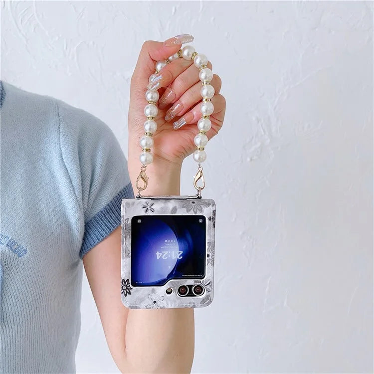 For Samsung Galaxy Z Flip5 5G Cell Phone Case Flower / Butterfly Pattern PU+PC Cover with Pearl Chain