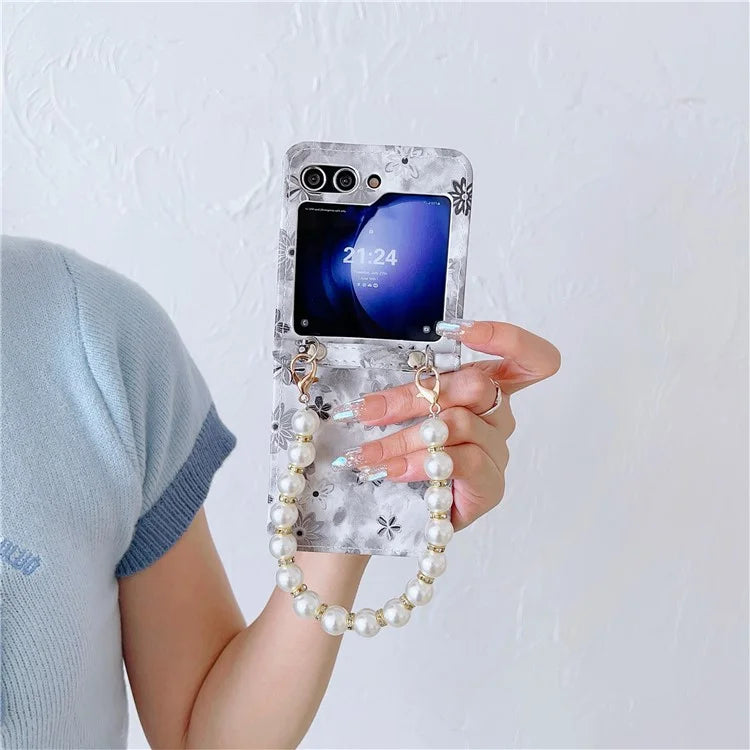 For Samsung Galaxy Z Flip5 5G Cell Phone Case Flower / Butterfly Pattern PU+PC Cover with Pearl Chain