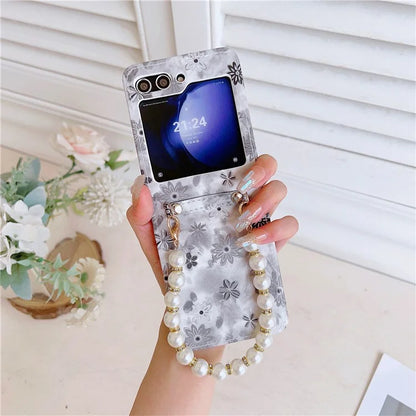 For Samsung Galaxy Z Flip5 5G Cell Phone Case Flower / Butterfly Pattern PU+PC Cover with Pearl Chain
