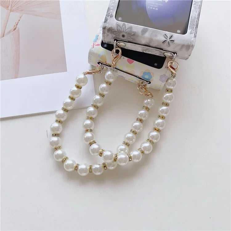For Samsung Galaxy Z Flip5 5G Cell Phone Case Flower / Butterfly Pattern PU+PC Cover with Pearl Chain