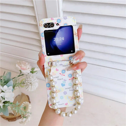 For Samsung Galaxy Z Flip5 5G Cell Phone Case Flower / Butterfly Pattern PU+PC Cover with Pearl Chain