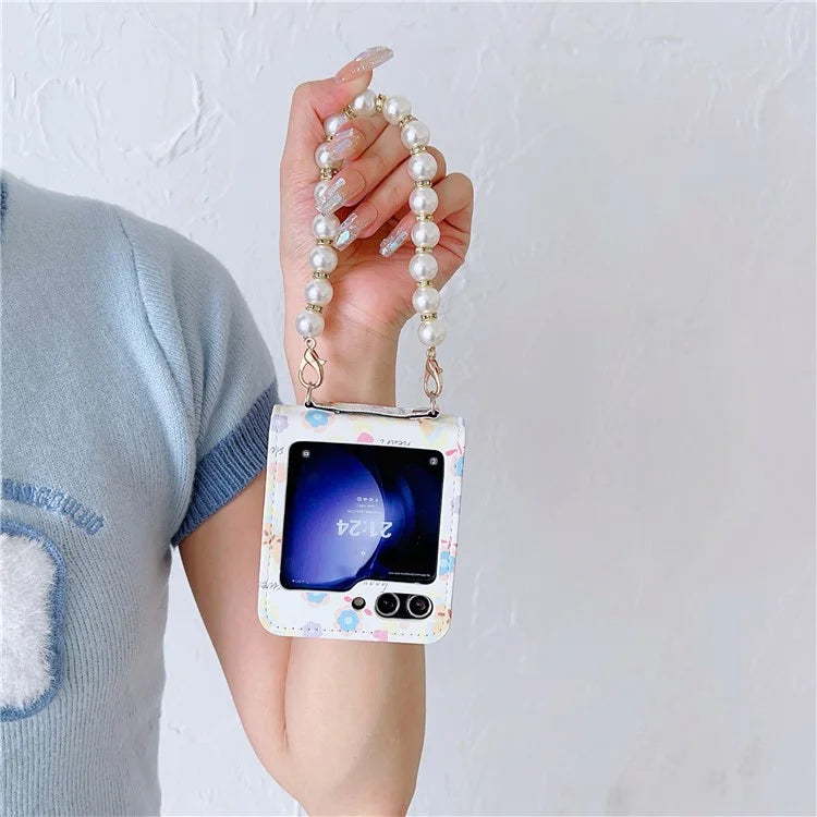 For Samsung Galaxy Z Flip5 5G Cell Phone Case Flower / Butterfly Pattern PU+PC Cover with Pearl Chain