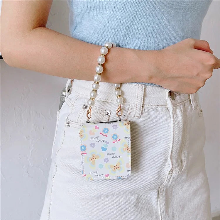 For Samsung Galaxy Z Flip5 5G Cell Phone Case Flower / Butterfly Pattern PU+PC Cover with Pearl Chain